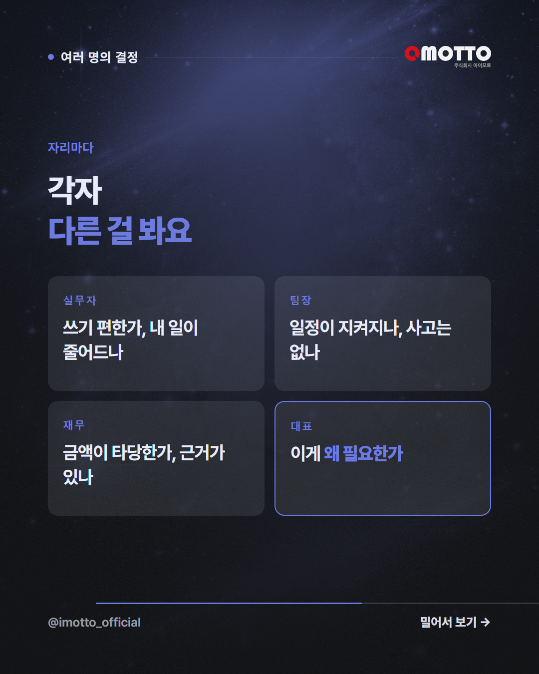 자리마다 — 각자 다른 걸 봐요