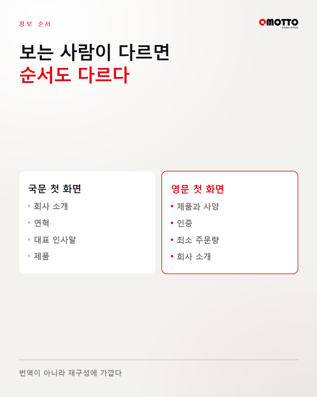국문과 영문 첫 화면에서 앞에 놓이는 항목이 달라지는 비교