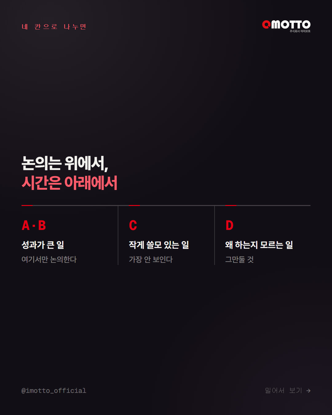 네 칸으로 나눈 일 — 논의는 위에서, 시간은 아래에서